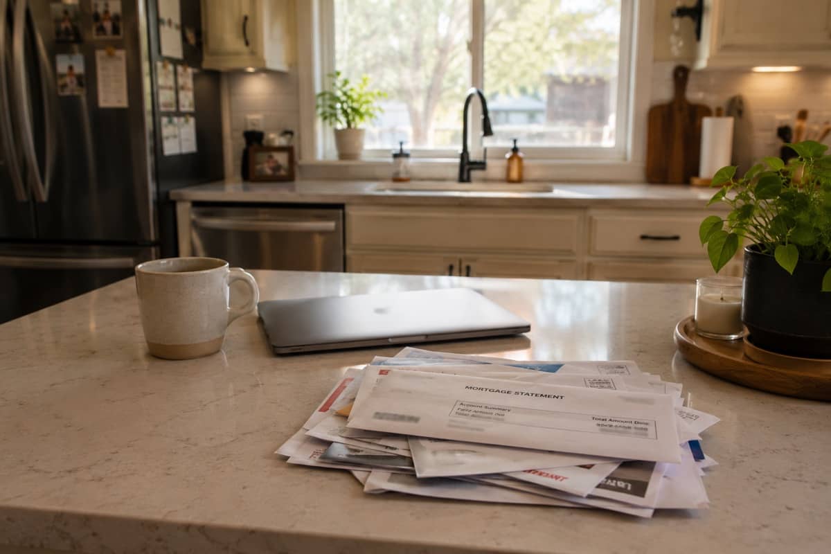 A stack of unopened mortgage statements and bills on a kitchen counter.