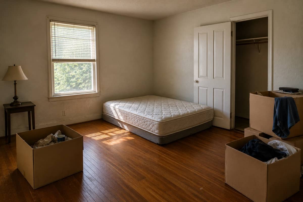 A bedroom mid-move-out, with a bare mattress and packed moving boxes.