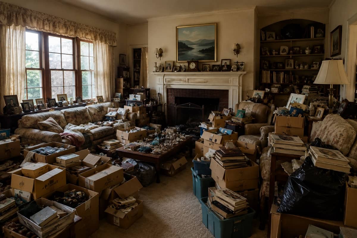 A living room filled with boxes and belongings in an inherited home.