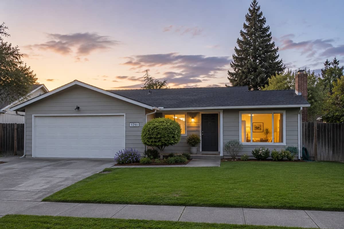 A tidy, well-kept single-family home at dusk with warm interior lights.