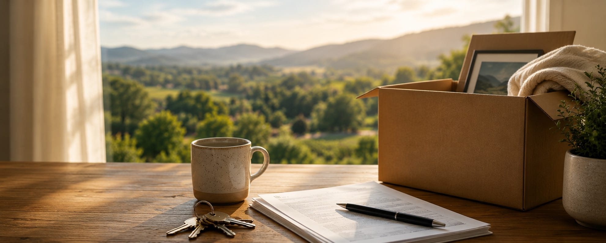 A packed moving box, house keys, closing paperwork, and a coffee mug on a table by a window overlooking the Sonoma County hills at golden hour.